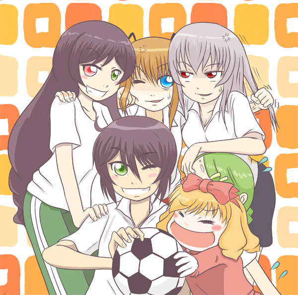 p-suke (akaino), hinaichigo, kanaria, shinku, souseiseki, suigintou, suiseiseki, rozen maiden, bad id, bad pixiv id, 00s, 6+girls, ball, blonde hair, brown hair, multiple girls, smile, soccer ball, telstar, white hair