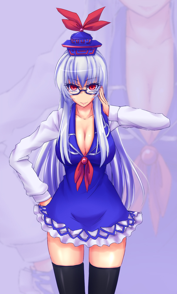 asa inu, kamishirasawa keine, touhou, silver hair, bad id, bad pixiv id, 1girl, adjusting eyewear, bespectacled, blue hair, breasts, cleavage, female focus, glasses, hand on own hip, hip focus, long hair, red eyes, solo, thighhighs, zoom layer