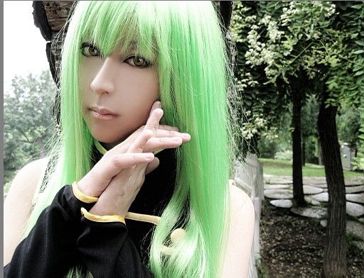 c.c., code geass, photo (medium), airbrushed, chinese text, cosplay, green hair, long hair