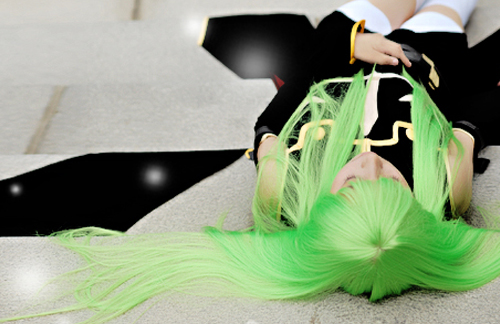c.c., code geass, lowres, photo (medium), chinese text, cosplay, green hair