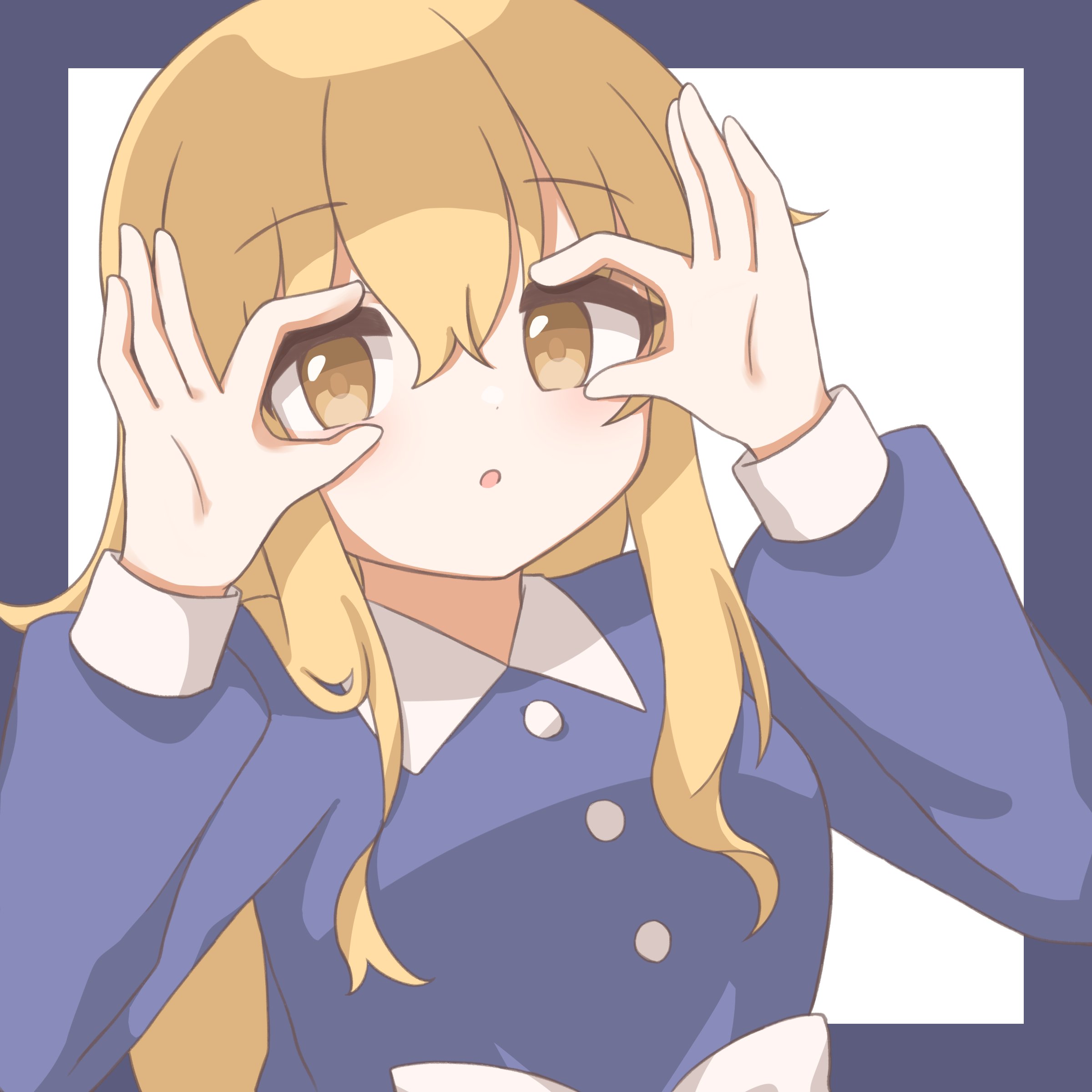 coto mugi, maribel hearn, touhou, opening eyes, absurdres, commentary, highres, symbol-only commentary, 1girl, :o, binocular hands, blonde hair, border, bow, buttons, collared shirt, long hair, long sleeves, looking at viewer, no headwear, purple border, purple shirt, shirt, solo, upper body, waist bow, white background, white bow, yellow eyes