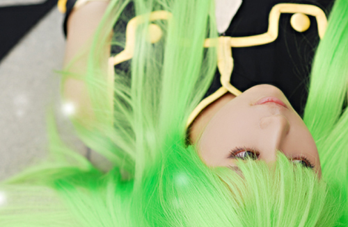 c.c., code geass, lowres, photo (medium), c.c. (cosplay), chinese text, cosplay, green hair