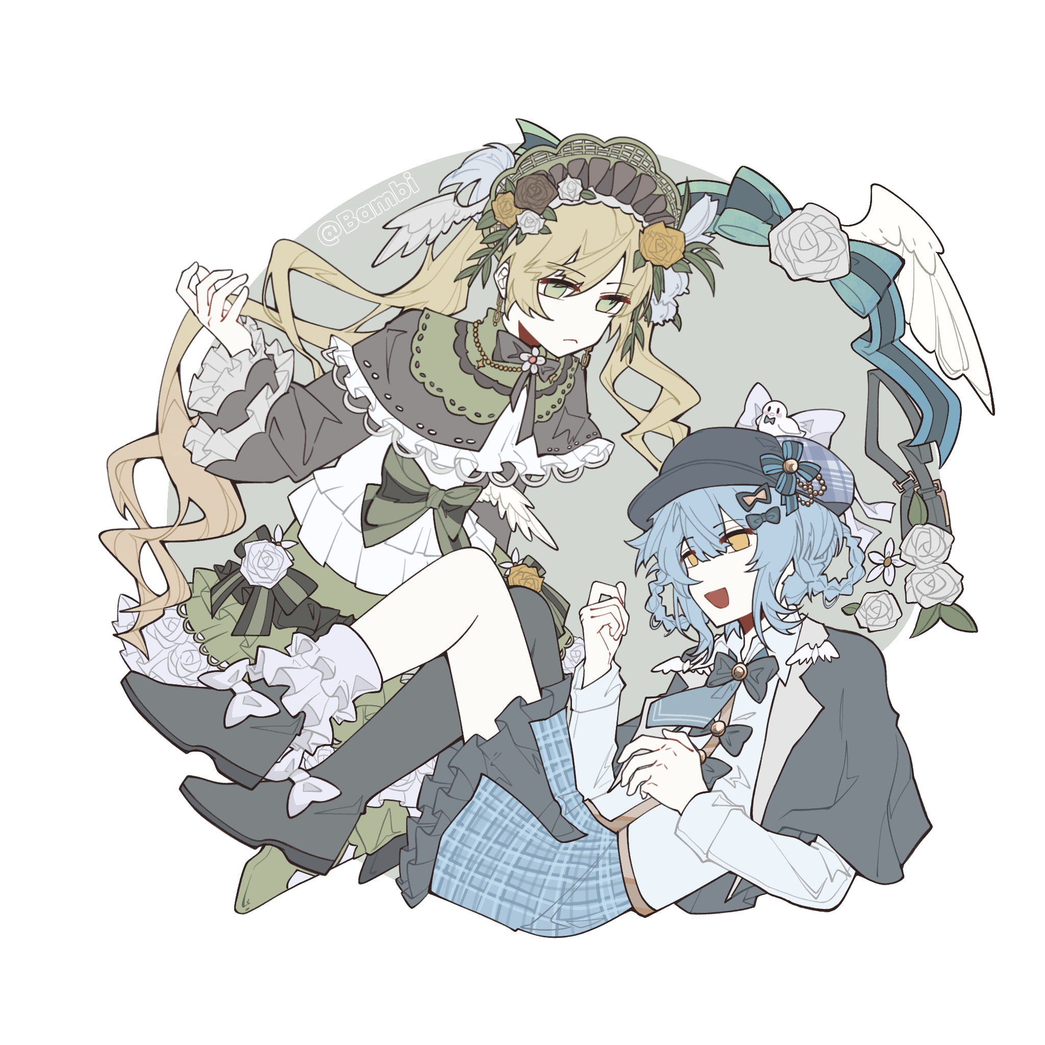 tachibana sherry, tono hanna, mahou shoujo no majo saiban, artist request, chinese commentary, commentary request, commission, highres, second-party source, 2girls, black capelet, black flower, black hat, black pantyhose, black rose, black shoes, blonde hair, blue hair, blue skirt, bonnet, braid, braided hair rings, capelet, deerstalker, dress, flower, frilled skirt, frills, full body, green bonnet, green dress, green eyes, hair rings, hat, lolita fashion, long hair, long sleeves, looking at another, looking down, multiple girls, open mouth, pantyhose, rose, shoes, short hair, sitting, skirt, smile, twintails, very long hair, vest, yellow eyes, yellow flower, yellow rose