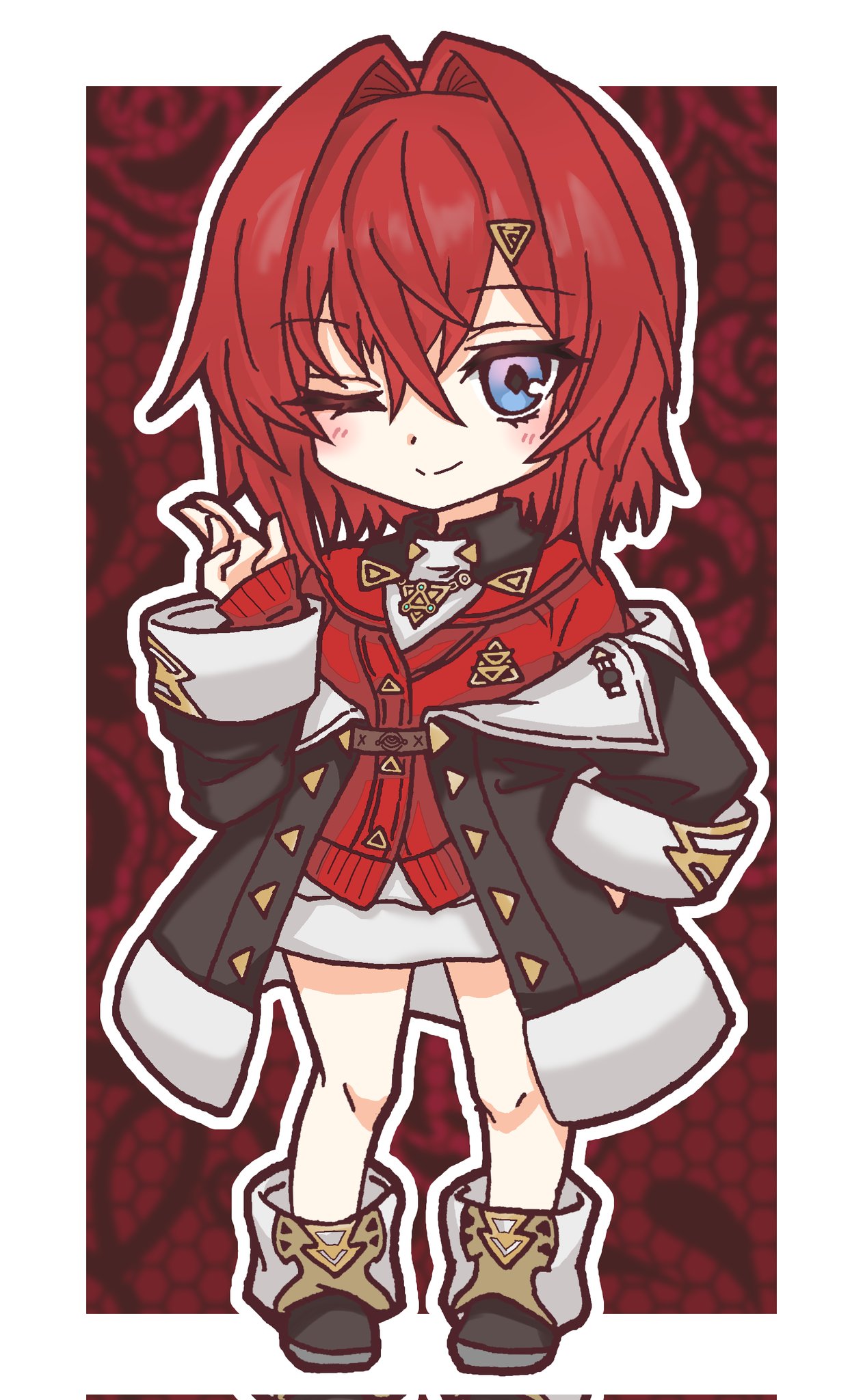 ange katrina, ange katrina (1st costume), nijisanji, commentary request, corrupted twitter file, highres, 1girl, ankle boots, black boots, black coat, blue eyes, blush, boots, border, cardigan, closed mouth, coat, crossed bangs, deformed, dress, full body, gradient eyes, hair between eyes, hair intakes, hair ornament, hand on own hip, hand up, long bangs, looking at viewer, medium hair, multicolored eyes, off shoulder, one eye closed, outline, outside border, purple eyes, red background, red cardigan, red hair, short dress, sleeves past wrists, smile, solo, split mouth, standing, triangle hair ornament, virtual youtuber, white border, white dress, white outline, yuri uzuz