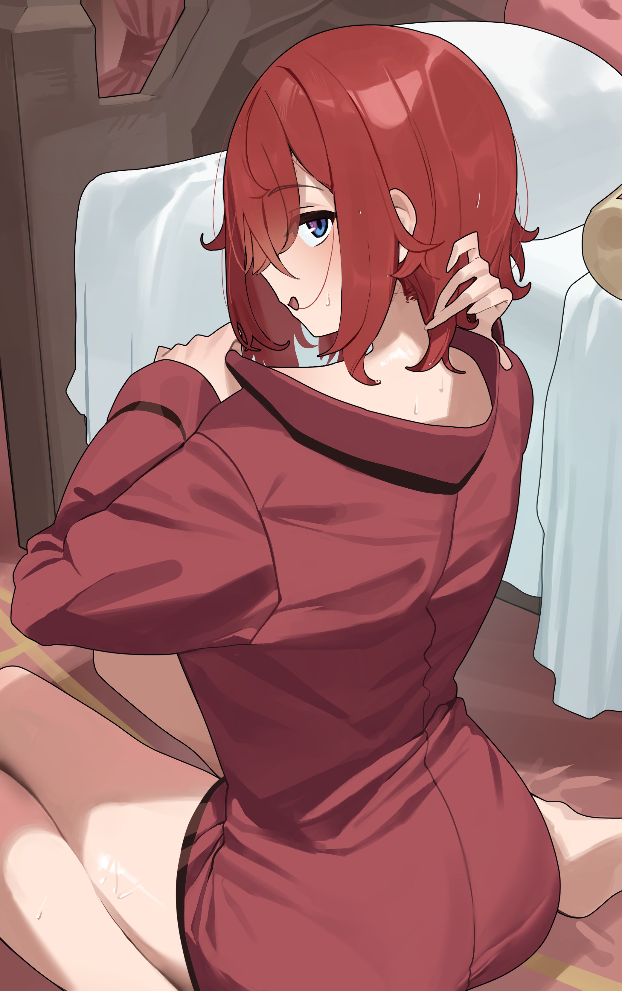 mokon112, ange katrina, nijisanji, absurdres, commentary request, highres, 1girl, adjusting clothes, adjusting hair, after bathing, bare legs, barefoot, bed, blue eyes, blush, foot out of frame, from behind, gradient eyes, hands up, indoors, long bangs, long shirt, long sleeves, looking at viewer, looking back, medium hair, multicolored eyes, nape, official alternate costume, on floor, open mouth, pajamas, profile, purple eyes, red hair, red pajamas, red shirt, shirt, sitting, solo, virtual youtuber, wariza, wet, wet hair