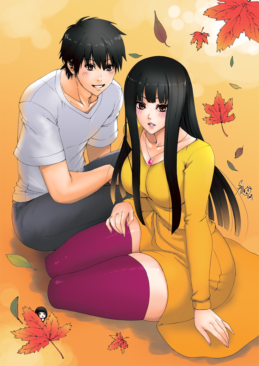 fei (maidoll), kazehaya shouta, kuronuma sawako, kimi ni todoke, 00s, 1boy, 1girl, black eyes, black hair, blush, breasts, chibi, couple, curvy, dress, hetero, large breasts, leaf, long hair, skirt, smile, thick thighs, thighs