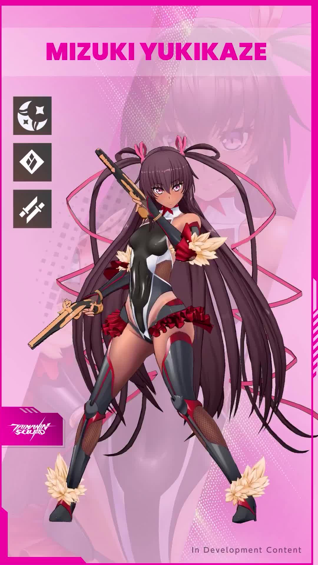 mizuki yukikaze, lilith-soft, taimanin (series), taimanin squad, taimanin yukikaze, animated, audible speech, highres, japanese audio, tagme, video, 1girl, 3d, bare shoulders, bodysuit, boots, breasts, brown hair, character name, covered navel, curvy, dark-skinned female, dark skin, elbow gloves, full body, gloves, gun, highleg, highleg leotard, holding, holding gun, holding weapon, impossible clothes, impossible leotard, leotard, long hair, looking at viewer, one-piece tan, pink background, pink eyes, revealing clothes, shiny clothes, shiny skin, small breasts, smile, talking, tan, tanline, thigh boots, thong leotard, twintails, very long hair, weapon, wide hips