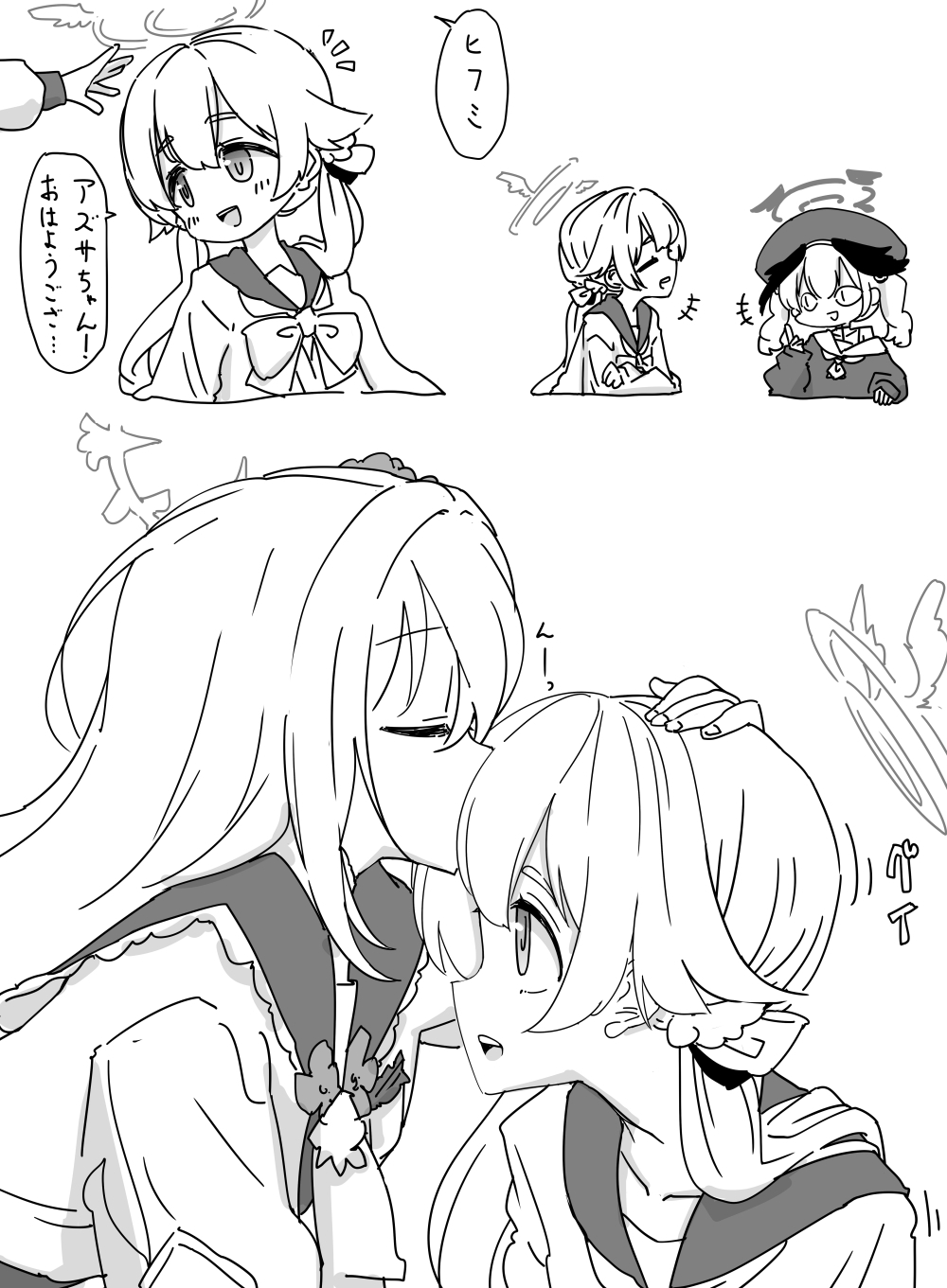 nishino hikoji, azusa (blue archive), hifumi (blue archive), koharu (blue archive), blue archive, commentary request, highres, translation request, <|> <|>, 3girls, blush, closed eyes, cropped torso, crossed arms, greyscale, hair ornament, kiss, kissing forehead, monochrome, multiple girls, school uniform, serafuku, simple background, speech bubble, straight hair, twintails, upper body, white background, wing hair ornament, yuri