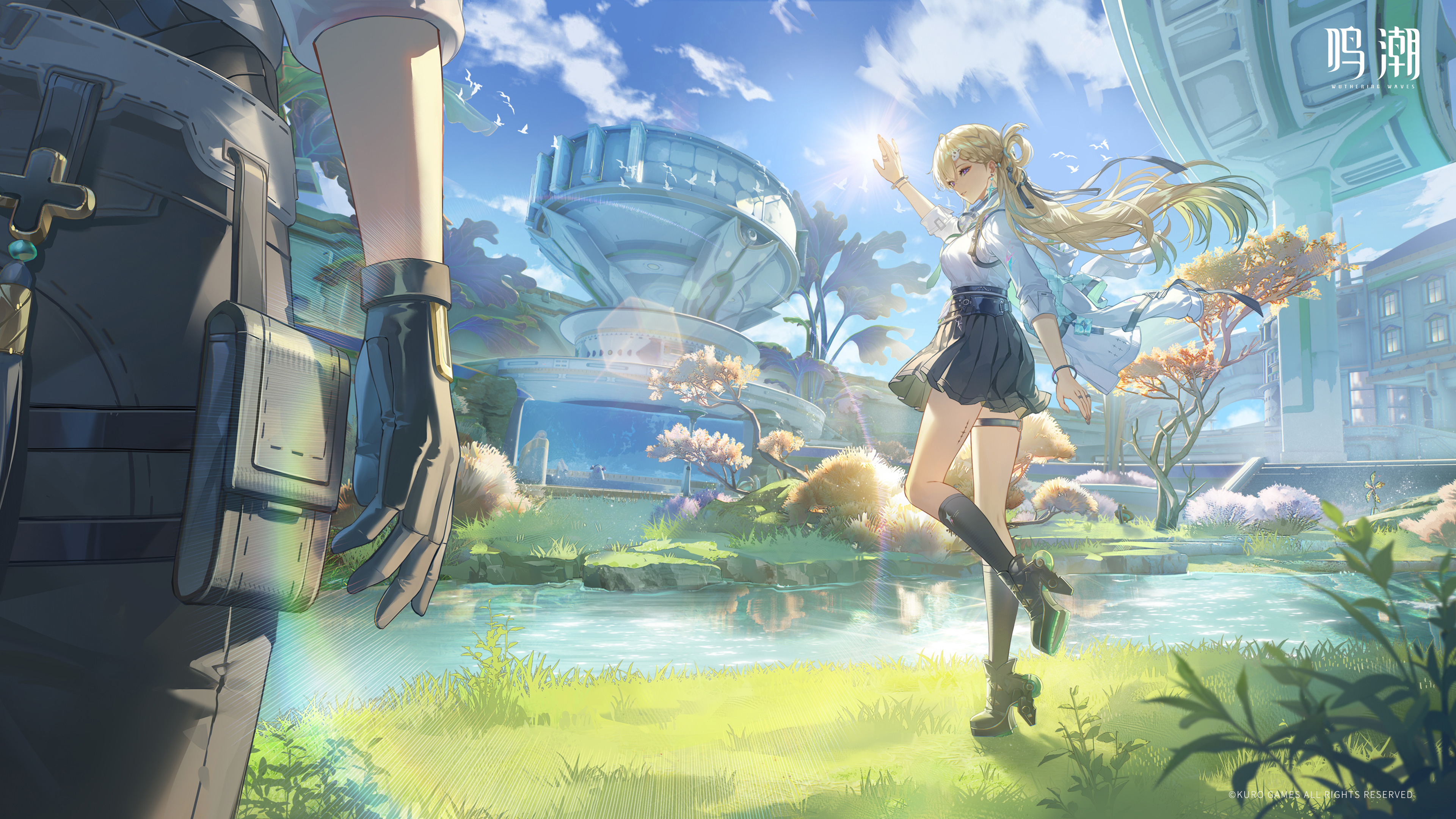 lynae (wuthering waves), male rover (wuthering waves), rover (wuthering waves), wuthering waves, absurdres, chinese commentary, commentary request, highres, official art, 1boy, 1girl, 3d, black skirt, blonde hair, braid, breasts, earrings, gradient hair, half up braid, hand up, headphones, holding, jacket, jewelry, logo, long hair, medium breasts, multicolored hair, shirt, skirt, star (symbol), star earrings, very long hair, weapon, white jacket, white shirt