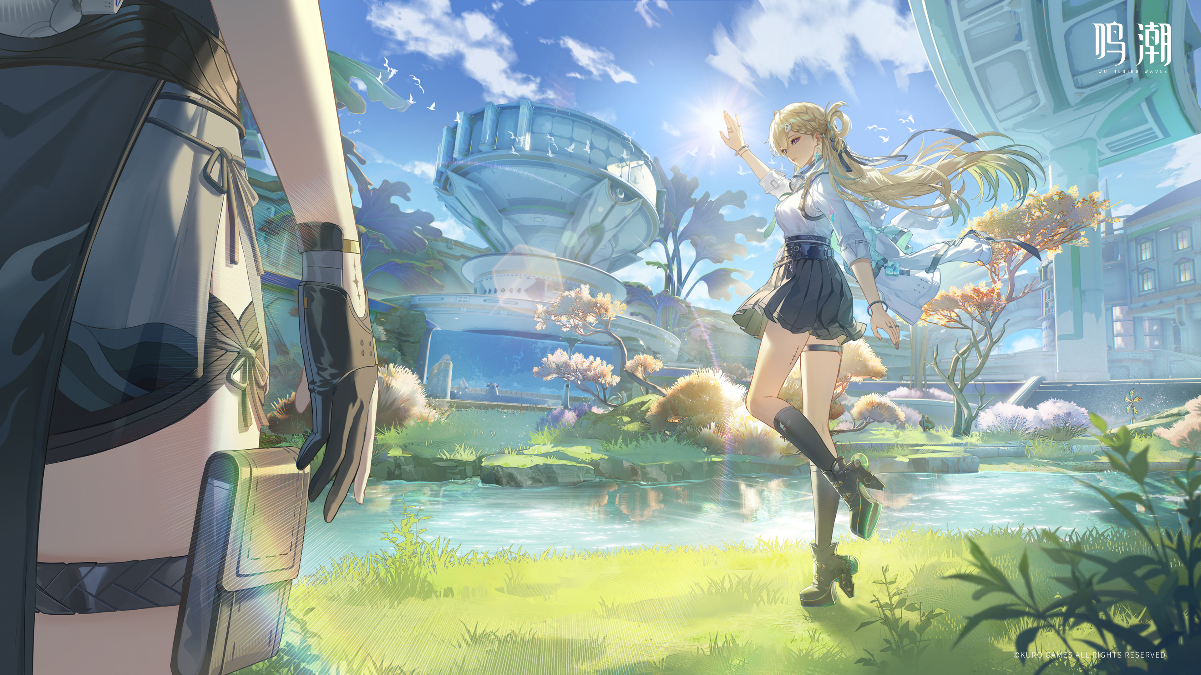 female rover (wuthering waves), lynae (wuthering waves), rover (wuthering waves), wuthering waves, absurdres, chinese commentary, commentary request, highres, official art, 2girls, 3d, black skirt, blonde hair, braid, breasts, earrings, gradient hair, half up braid, hand up, headphones, holding, jacket, jewelry, logo, long hair, medium breasts, multicolored hair, multiple girls, shirt, skirt, star (symbol), star earrings, very long hair, weapon, white jacket, white shirt