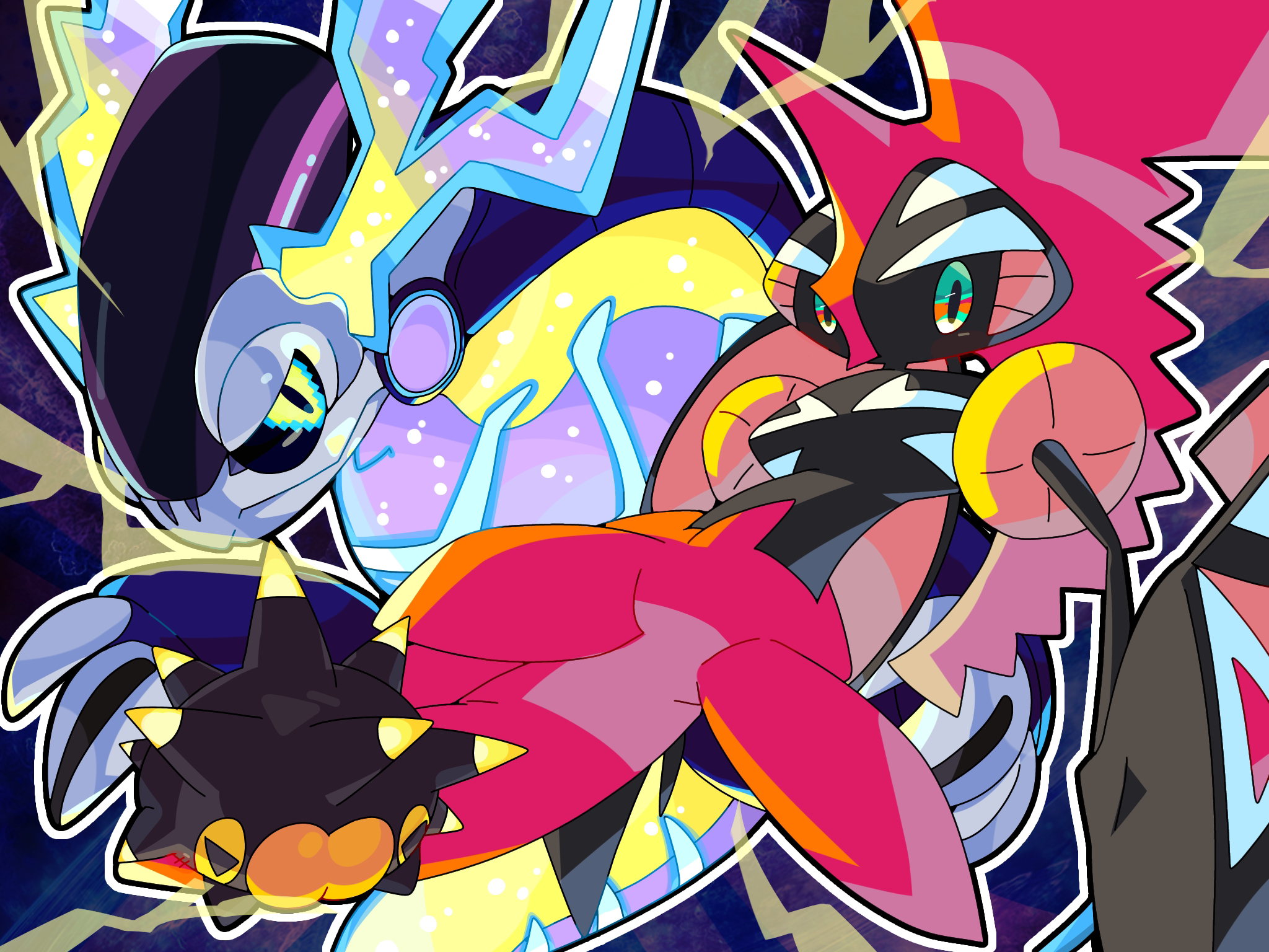 kokekuntoasyan, miraidon, pincurchin, tapu koko, nintendo, pokemon, commentary request, highres, black sclera, claws, closed mouth, colored sclera, electricity, gen 7 pokemon, gen 8 pokemon, legendary pokemon, multicolored eyes, non-humanoid robot, outline, pixel eyes, pokemon (creature), pokemon focus, robot, spikes, trait connection, white outline, yellow eyes