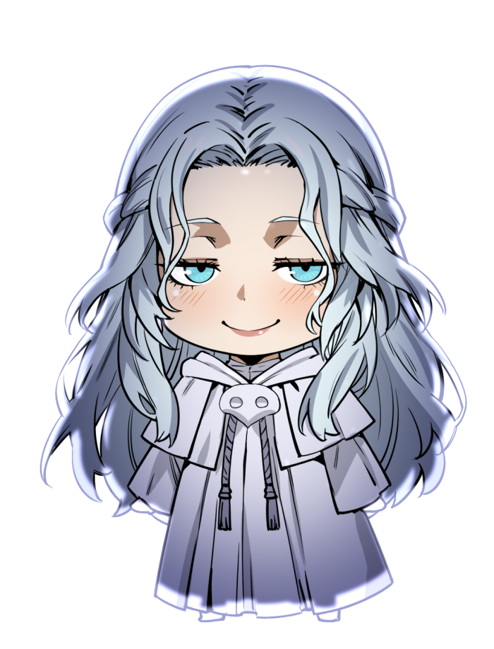 jamjamstyle, venat (ff14), final fantasy, final fantasy xiv, commentary, english commentary, revision, 1girl, blue eyes, braid, chibi, chibi only, closed mouth, eyelashes, full body, grey hair, half up braid, light blush, long hair, looking at viewer, pink lips, robe, simple background, smile, solo, sophist's robe (ff14), standing, wavy hair, white background, white robe