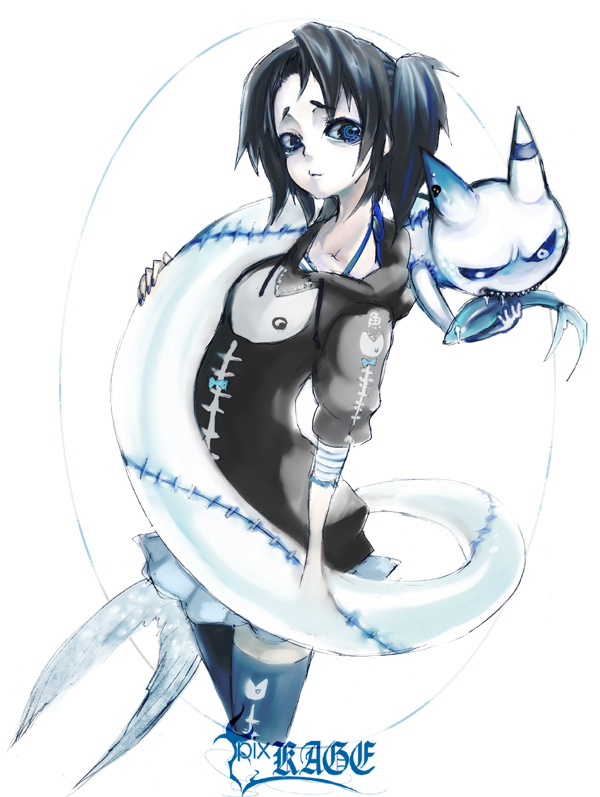 suzuki mipo, bad id, bad pixiv id, 1girl, black hair, blue eyes, female focus, fish, monster, skirt, solo, thighhighs, zettai ryouiki