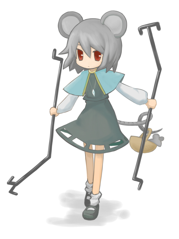 lie-lilac, nazrin, touhou, bad id, bad pixiv id, 1girl, :<, animal ears, basket, dowsing rod, female focus, grey hair, jewelry, mary janes, mouse (animal), mouse ears, mouse tail, pendant, red eyes, shoes, short hair, socks, solo, tail, white socks