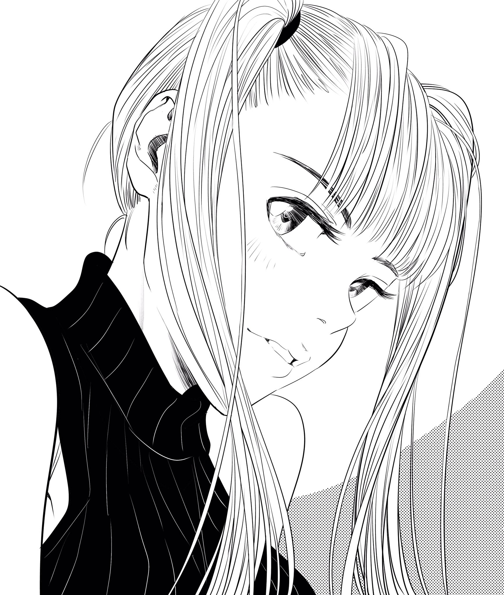 lee (dragon garou), original, commentary request, highres, 1girl, breasts, eyelashes, greyscale, large breasts, long hair, looking at viewer, monochrome, parted lips, portrait, profile, ribbed shirt, shirt, sleeveless, sleeveless turtleneck, solo, turtleneck, twintails