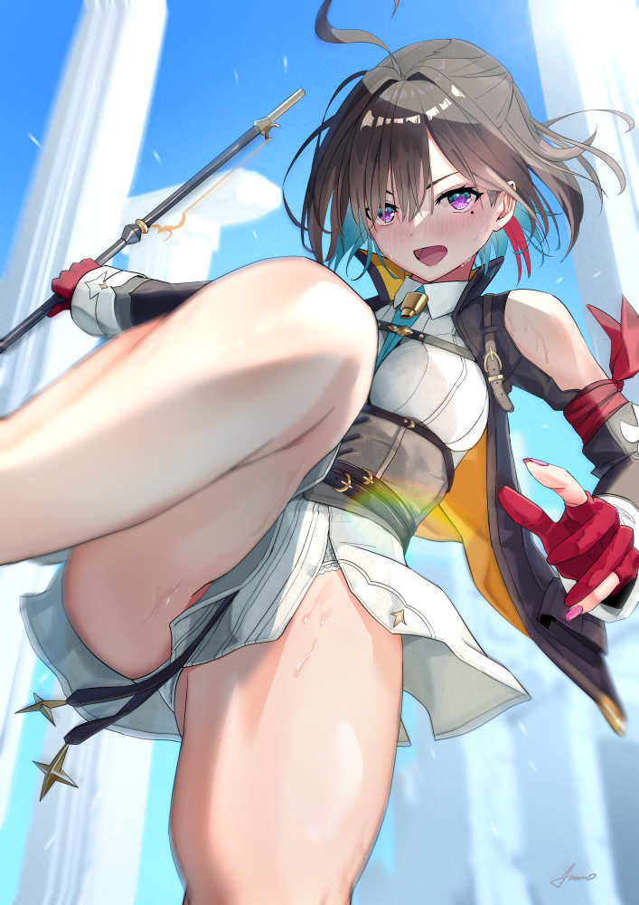 ammo21204760, yumia liessfeldt, atelier (series), atelier yumia, revision, 1girl, ahoge, black hair, black jacket, blue sky, clothing cutout, collared dress, dress, gloves, holding, holding staff, jacket, kicking, long sleeves, open clothes, open jacket, open mouth, partially fingerless gloves, purple eyes, red gloves, short dress, short hair, shoulder cutout, sky, solo, staff, white dress