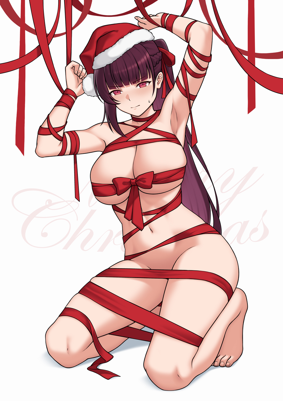 bbk (13zk), makiatto (girls' frontline 2), wa2000 (girls' frontline), girls' frontline, girls' frontline 2: exilium, highres, 1girl, armpits, arms up, blush, breasts, gift wrapping, hat, large breasts, long hair, looking at viewer, nude, purple hair, red eyes, santa hat, solo, wrapping