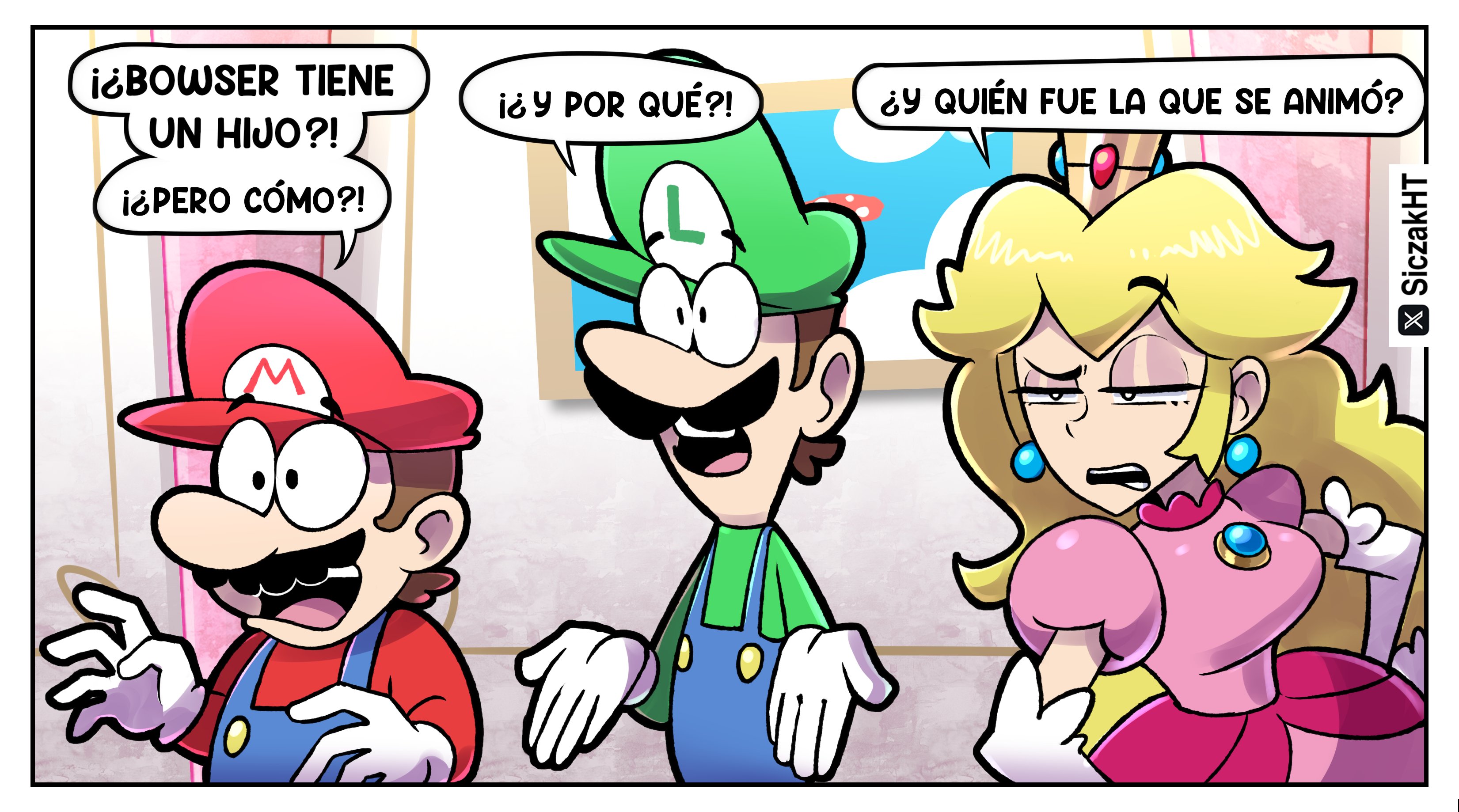 siczak, luigi, mario, princess peach, mario (series), nintendo, absurdres, highres, blonde hair, blue eyes, blue overalls, breasts, chest jewel, crown, dress, earrings, elbow gloves, english text, facial hair, gloves, green hat, hat, jewelry, large breasts, long hair, mustache, open mouth, overalls, pink dress, puffy short sleeves, puffy sleeves, red hat, short sleeves, sidelocks, speech bubble, white gloves