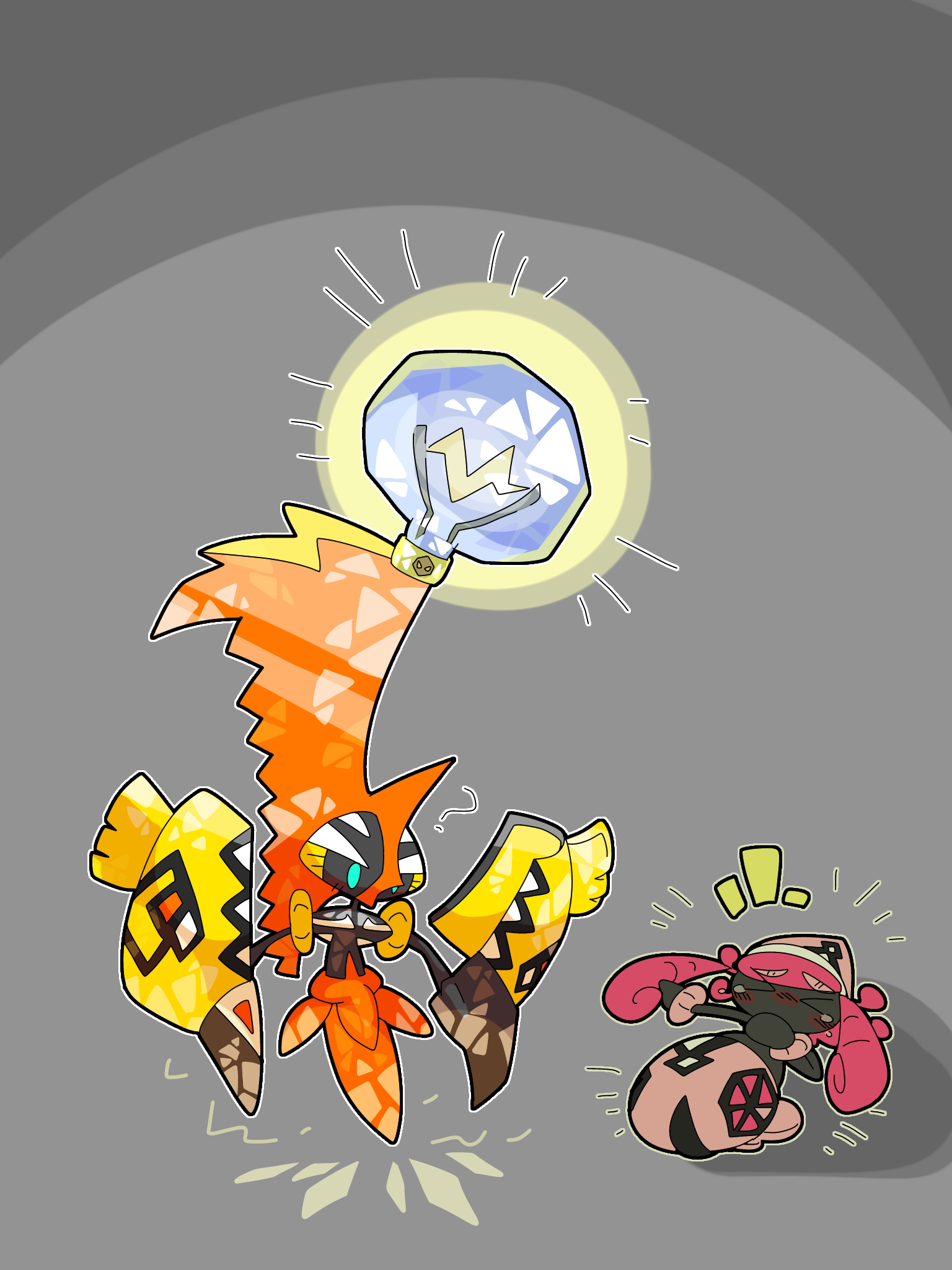 kokekuntoasyan, tapu koko, tapu lele, nintendo, pokemon, commentary request, highres, > <, ?, aqua eyes, blush, closed eyes, full body, gen 7 pokemon, glowing, grey background, laughing, legendary pokemon, lying, notice lines, on back, outline, pokemon (creature), pokemon focus, solid oval eyes, terastallization, white outline