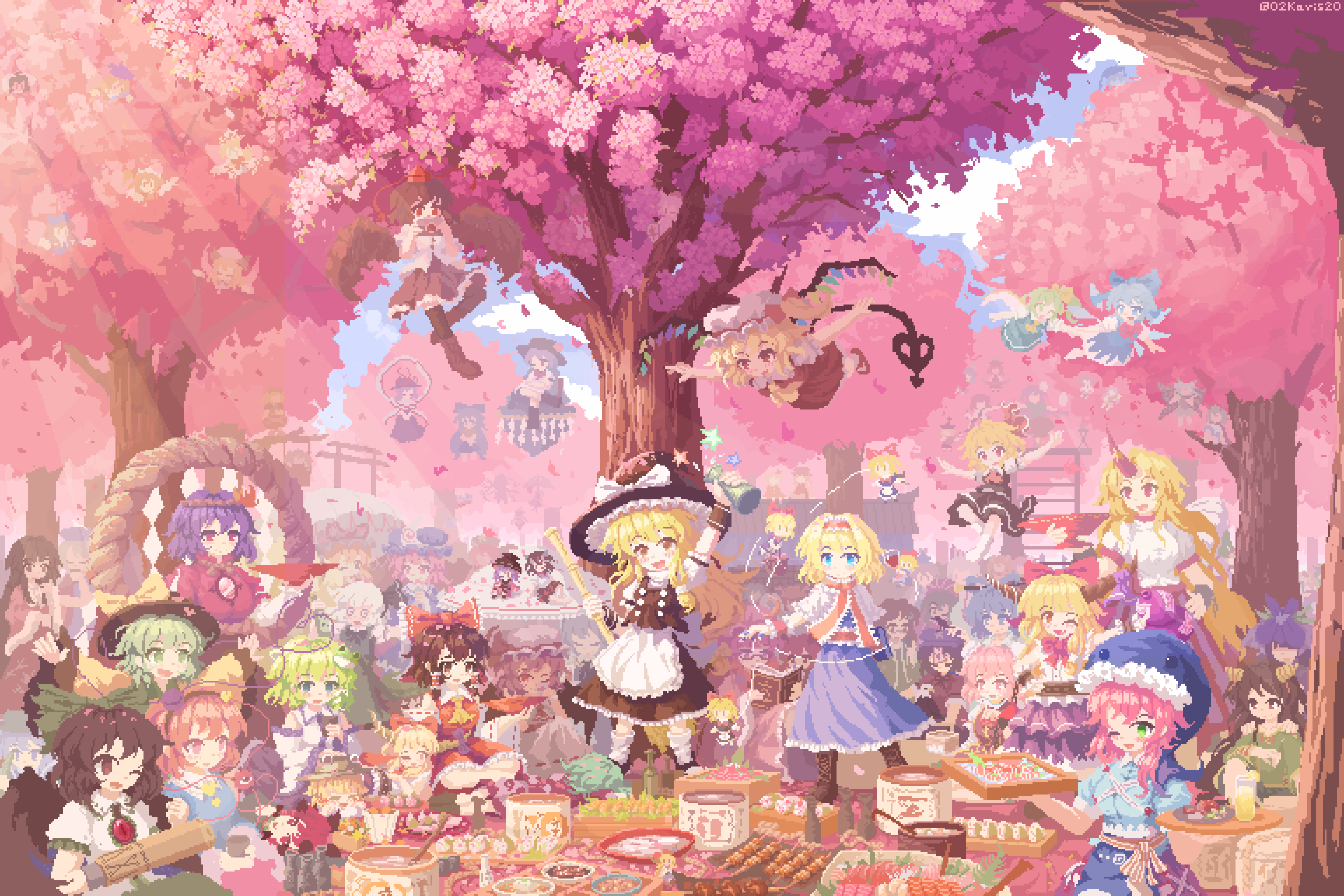 02charaice20, aki minoriko, aki shizuha, alice margatroid, cirno, clownpiece, daiyousei, eternity larva, flandre scarlet, fujiwara no mokou, hakurei reimu, hieda no akyuu, hinanawi tenshi, hong meiling, horikawa raiko, hoshiguma yuugi, houjuu nue, houraisan kaguya, ibaraki kasen, ibuki suika, inaba tewi, izayoi sakuya, kaenbyou rin, kaku seiga, kamishirasawa keine, kawashiro nitori, kazami yuuka, kijin seija, kirisame marisa, kisume, koakuma, kochiya sanae, komano aunn, komeiji koishi, komeiji satori, konpaku youmu, kurodani yamame, lily white, luna child, lunasa prismriver, lyrica prismriver, merlin prismriver, miyako yoshika, moriya suwako, motoori kosuzu, nagae iku, nippaku zanmu, okunoda miyoi, patchouli knowledge, reiuji utsuho, remilia scarlet, rumia, saigyouji yuyuko, shameimaru aya, shanghai doll, star sapphire, sukuna shinmyoumaru, sunny milk, tatara kogasa, tsukumo benben, tsukumo yatsuhashi, wriggle nightbug, yagokoro eirin, yakumo yukari, yasaka kanako, yomotsu hisami, yorigami shion, touhou, absurdres, character request, commentary request, highres, 6+girls, @ @, animal ears, apron, arm cannon, ascot, bat wings, bird wings, black bow, black bowtie, black hat, black skirt, black thighhighs, black vest, blonde hair, blue apron, blue bow, blue dress, blue eyes, blue hair, blue hat, blue shirt, blush, boots, bow, bowtie, braid, broom, brown boots, brown hair, brown hat, brown horns, bucket, bun cover, buttons, camera, capelet, cat ears, cherry blossoms, clone, cloud, cone horns, control rod (touhou), crescent, crescent hat ornament, crossed legs, crystal, crystal wings, cucumber, cuffs, cup, day, detached sleeves, detached wings, doll, double bun, dress, drinking, everyone, eyeball, fairy, fairy wings, falling petals, fish (food), flask, flower, flower on head, flying, food, frilled bow, frilled hair tubes, frilled hairband, frilled shawl, frilled shirt collar, frills, frog hair ornament, gourd, green bow, green eyes, green hair, green shirt, green skirt, green vest, grey hair, grey horns, hagoromo, hair bow, hair bun, hair ornament, hair ribbon, hair tubes, hairband, hat, hat bow, hat ornament, hat ribbon, heart, heart button, heart hair ornament, heart of string, holding, holding broom, holding camera, holding cup, holding flask, horns, ice, ice wings, in bucket, in container, jewelry, jiangshi, kaname-ishi, lace-up boots, laevatein (touhou), lap pillow, lobelia (flower), lolita hairband, long hair, long sleeves, looking at viewer, masu, mob cap, mochi, multicolored wings, multiple girls, ofuda, one eye closed, one side up, oni, onigiri, open mouth, outdoors, outstretched arms, peach hat ornament, petals, pink eyes, pink hair, pink petals, pink shirt, pink skirt, pixel art, puppet rings, puppet strings, purple eyes, purple hair, purple hat, purple skirt, rabbit ears, rabbit girl, red ascot, red bow, red eyes, red hair, red hairband, red hat, red horns, red ribbon, red shirt, red skirt, red vest, ribbon, ribbon-trimmed collar, ribbon-trimmed sleeves, ribbon trim, ring, sakazuki, sakura mochi, sashimi, shackles, shawl, shirt, siblings, side braid, single braid, single hair tube, single horn, sisters, sitting, skewer, skirt, skirt set, small horns, smile, snake hair ornament, spread arms, star (symbol), star hat ornament, thighhighs, third eye, third eye on chest, tokin hat, tree, triangular headpiece, twitter username, umbrella, vest, wagashi, waist apron, weapon, whale hat, white capelet, white hat, white shirt, wide sleeves, wings, witch hat, yellow ascot, yellow bow, yellow eyes, yellow horns, yellow shirt