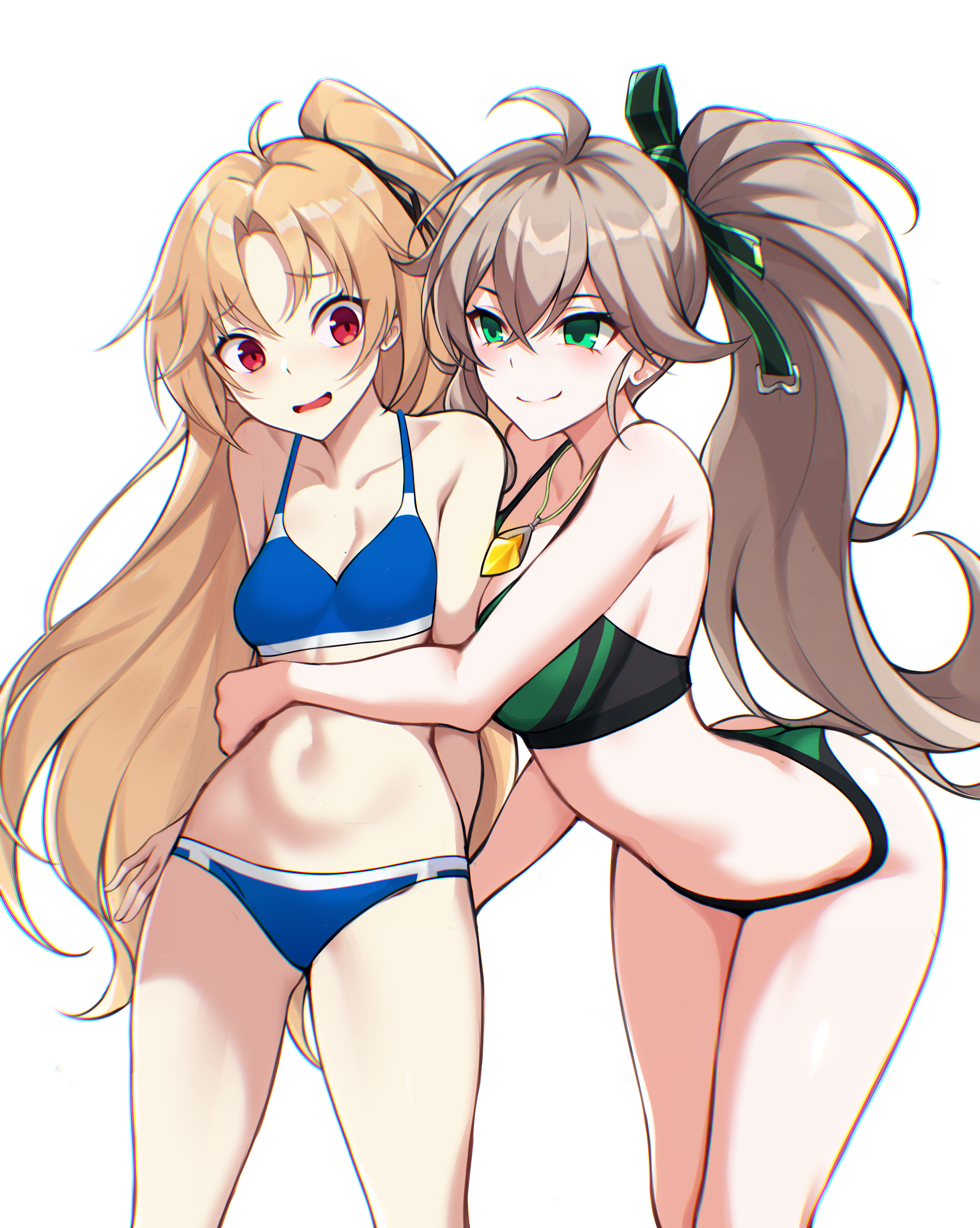 jo an, cleveland (azur lane), lithia beryl (elsword), azur lane, elsword, absurdres, commentary request, commission, highres, pixiv commission, 2girls, alternate costume, bare shoulders, bikini, blonde hair, blue bikini, blush, breasts, brown hair, chromatic aberration, cowboy shot, crossover, gembliss (elsword), green bikini, green eyes, hug from side, long hair, medium breasts, multiple girls, navel, one side up, ponytail, red eyes, simple background, small breasts, swimsuit, white background, yuri