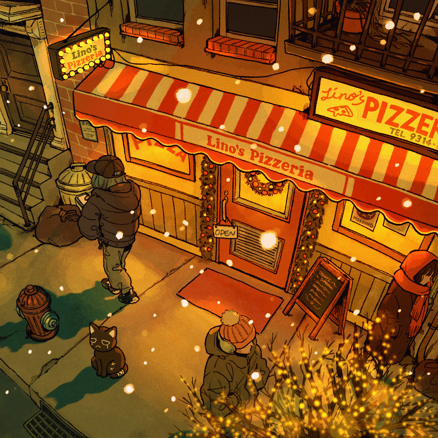 port (portzzz), original, commentary request, commission, highres, video thumbnail, 1boy, 1girl, baseball cap, beanie, black cat, black hat, black jacket, black shoes, building, cat, christmas, christmas ornaments, christmas wreath, denim, door, doormat, down jacket, earmuffs, faceless, faceless male, fire hydrant, glowing, hands in pockets, hat, hood, hood down, hooded jacket, jacket, jeans, long sleeves, menu board, night, open sign, outdoors, pants, pavement, pizzeria, pom pom (clothes), pom pom beanie, red hat, restaurant, scenery, shadow, shoes, slice of life, snowing, stairs, street gutter, trash bag, trash can, urban, walking, window, winter, wire, wreath