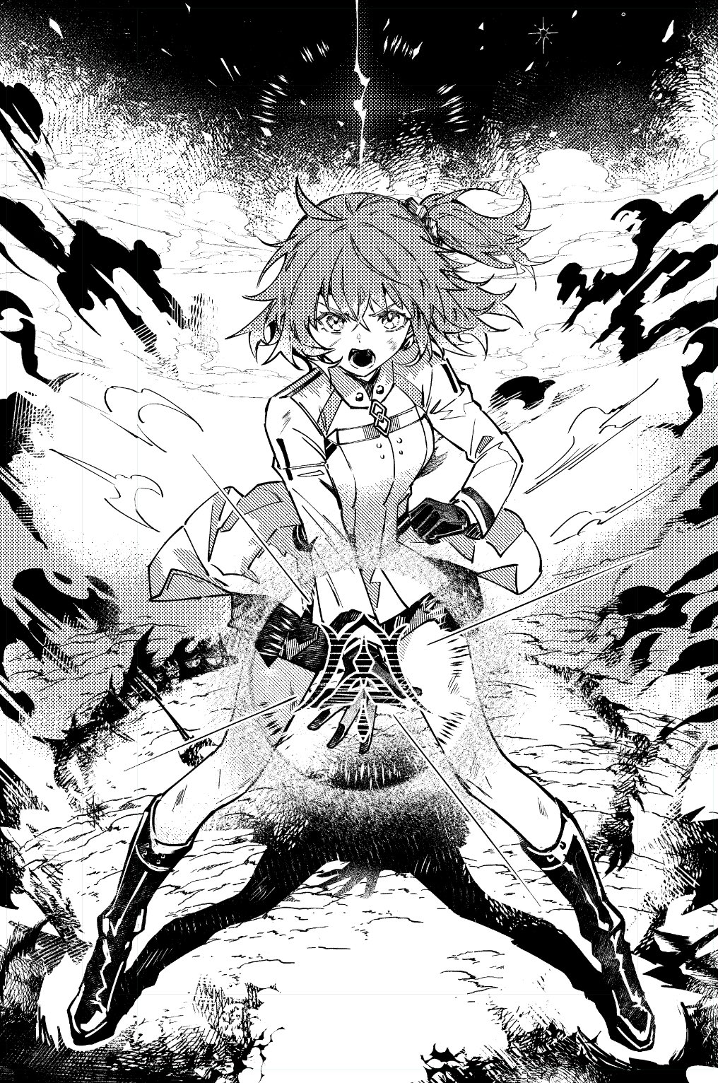 lolvivianli, fujimaru ritsuka (female), fujimaru ritsuka (female) (decisive battle chaldea uniform), fate/grand order, fate (series), commentary request, highres, 1girl, bike shorts, boots, breasts, clenched hand, command spell, dress, floating clothes, floating hair, full body, gloves, greyscale, hair between eyes, hair ornament, long sleeves, looking at viewer, medium breasts, monochrome, open mouth, shadow, short hair, side ponytail, solo, standing, star (symbol), teeth, v-shaped eyebrows