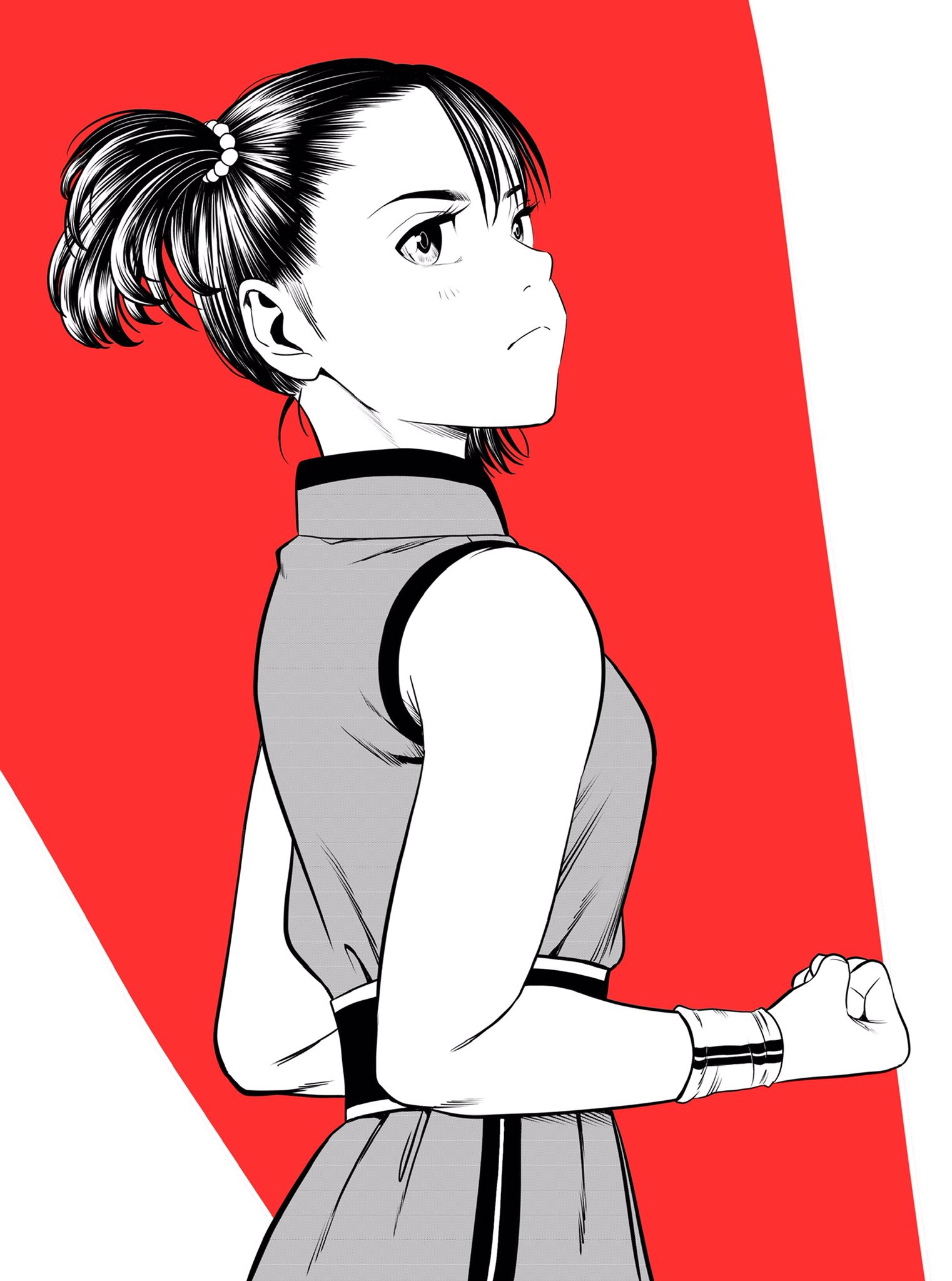 lee (dragon garou), original, commentary request, highres, 1girl, breasts, clenched hand, dougi, frown, greyscale with colored background, looking to the side, medium breasts, red background, short twintails, solo, twintails, wristband