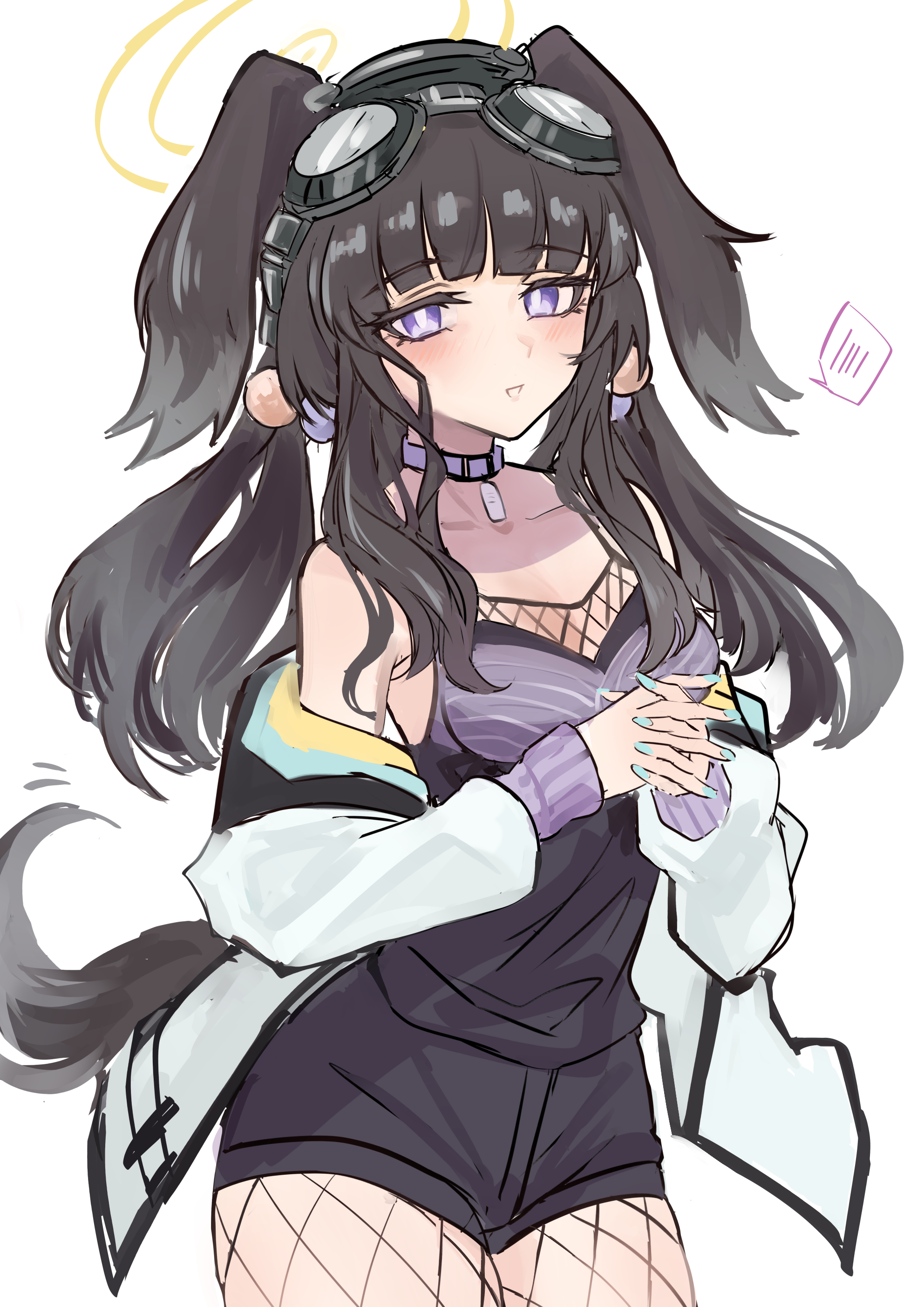 shino duka, hibiki (blue archive), blue archive, absurdres, commentary request, highres, 1girl, animal ears, black hair, blush, dog ears, dog girl, dog tail, fishnet pantyhose, fishnet thighhighs, fishnets, goggles, goggles on head, halo, long hair, looking at viewer, open mouth, pantyhose, simple background, smile, solo, tail, thighhighs, white background, yellow halo