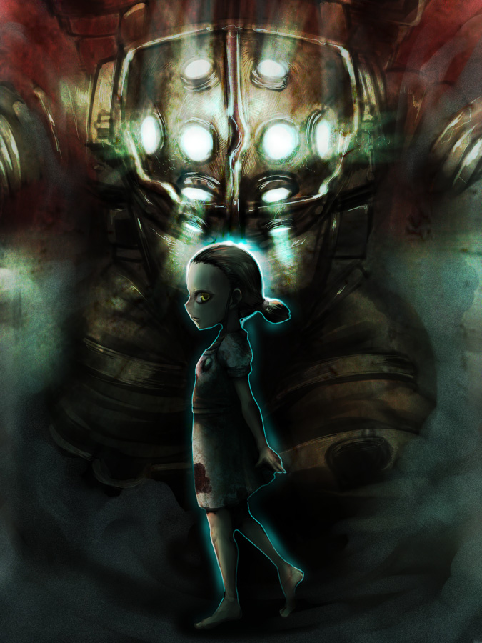big daddy (bioshock), little sister (bioshock), bioshock (series), 1boy, 1girl, dress, drill, gradient background, weapon