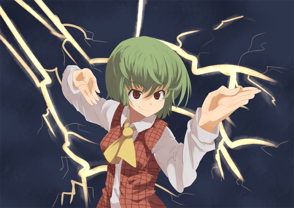 mieharu, kazami yuuka, master asia, g gundam, gundam, touhou, 1girl, ascot, breasts, female focus, fighting stance, green hair, lightning, medium breasts, parody, plaid clothes, plaid skirt, plaid vest, red eyes, short hair, skirt, skirt set, smile, smirk, solo, vest