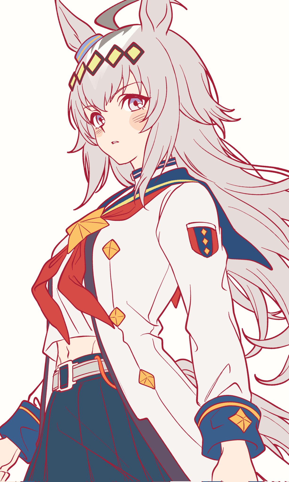 sisi am1011, oguri cap (starlight beat) (umamusume), oguri cap (umamusume), umamusume, commentary request, highres, korean commentary, 1girl, ahoge, animal ears, belt, blue eyes, blue sailor collar, blue skirt, blush, brooch, ear ornament, grey hair, grey tail, hair between eyes, hair ornament, hairband, horse ears, horse girl, horse tail, jacket, jewelry, long hair, long sleeves, multicolored hair, navel, neckerchief, pleated skirt, red neckerchief, sailor collar, shirt, simple background, skirt, solo, star brooch, swimsuit, tail, white background, white jacket, white shirt