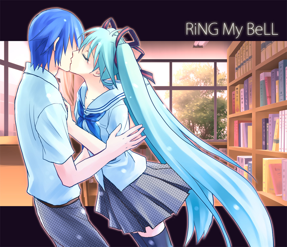 kuromaro, hatsune miku, kaito (vocaloid), vocaloid, 1boy, 1girl, blue hair, hair ribbon, hetero, houndstooth, kiss, long hair, ribbon, school uniform, serafuku, short hair, skirt, thighhighs, twintails, zettai ryouiki