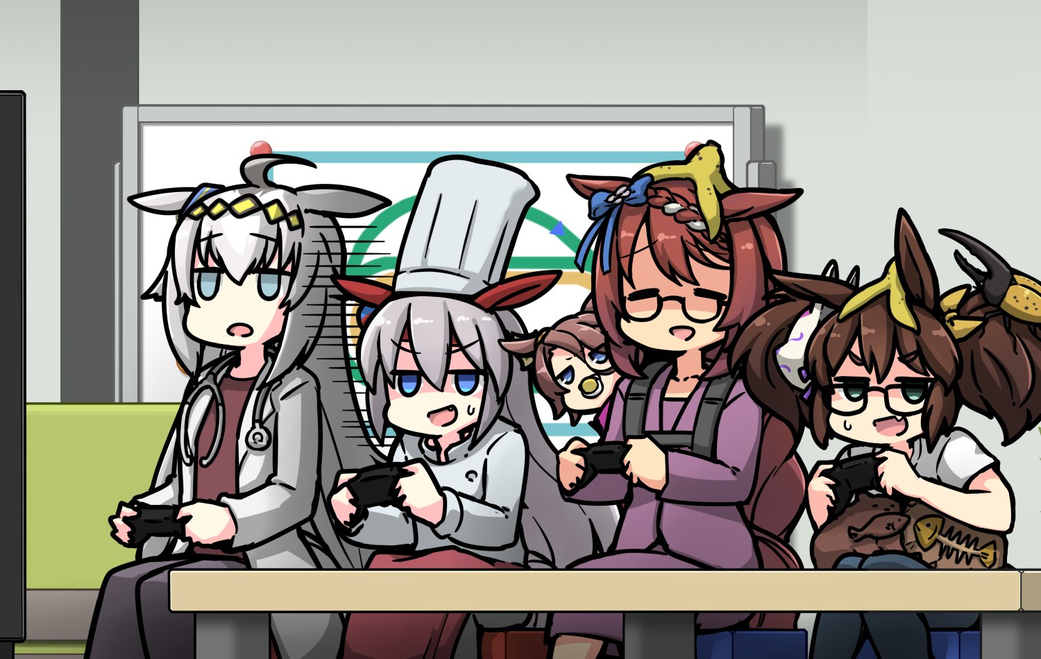 hamu koutarou, inari one (umamusume), narita taishin (umamusume), oguri cap (umamusume), super creek (umamusume), tamamo cross (umamusume), umamusume, umamusume: cinderella gray, commentary request, 5girls, ahoge, alternate costume, animal ears, apron, banana peel, blue eyes, bow, braid, brown hair, chef, chef hat, closed eyes, coat, controller, couch, doctor, ear bow, ear covers, ear ornament, fox mask, game controller, glasses, grey hair, hair between eyes, hair ornament, hairband, hat, holding, holding controller, holding game controller, horse ears, horse girl, horse tail, jacket, lab coat, long hair, long sleeves, mask, mask on head, multicolored hair, multiple girls, on couch, open mouth, pacifier, purple jacket, purple shirt, purple skirt, red apron, shirt, sitting, skirt, smile, stethoscope around neck, streaked hair, tail, twintails, white coat, white hair