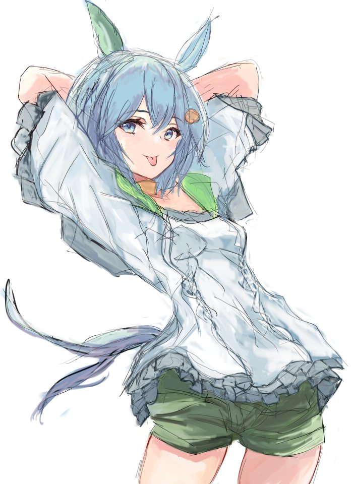 yanagi wakana, seiun sky (reeling in the big one) (umamusume), seiun sky (umamusume), umamusume, commentary request, 1girl, animal ears, arms behind head, blue eyes, blush, breasts, choker, closed mouth, ear covers, flower, green sailor collar, green shorts, grey hair, hair between eyes, hair flower, hair ornament, hairclip, horse ears, horse girl, horse tail, looking at viewer, sailor collar, shirt, short hair, shorts, simple background, single ear cover, small breasts, smile, solo, sunflower, sunflower hair ornament, tail, tongue, tongue out, white background, white shirt