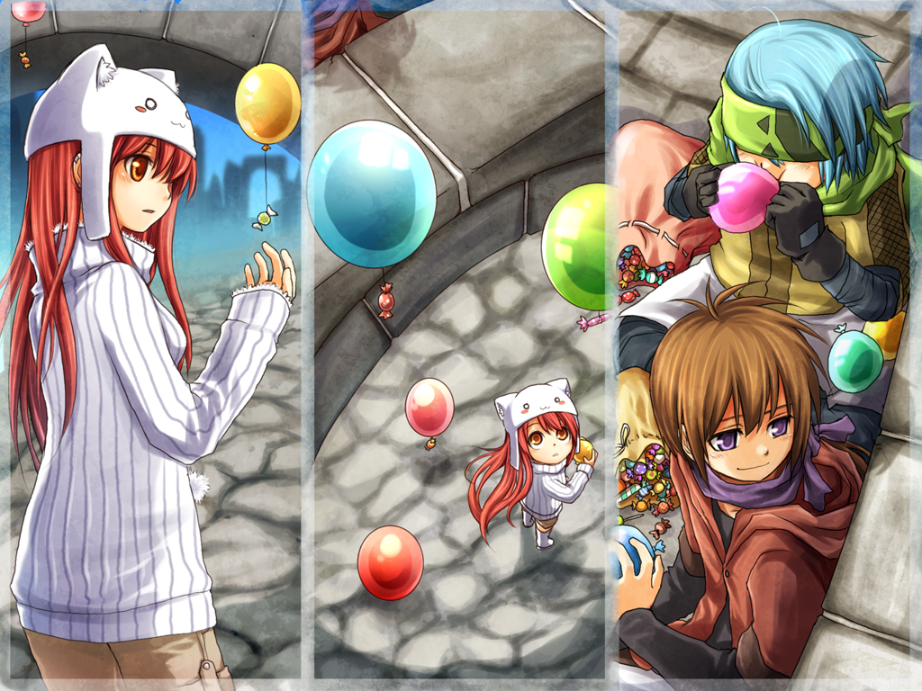 nuriko-kun, 1girl, 2boys, aqua hair, arch, balloon, bridge, brown hair, candy, food, hat, headband, looking up, multiple boys, purple eyes, red eyes, red hair, sack, scarf, smile
