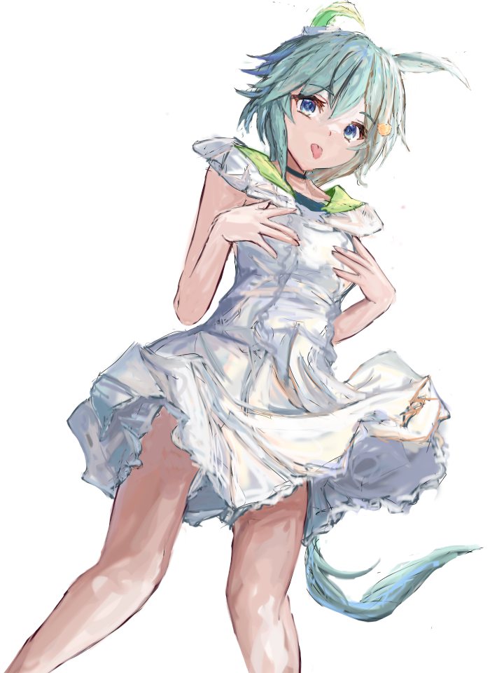 yanagi wakana, seiun sky (reeling in the big one) (umamusume), seiun sky (umamusume), umamusume, commentary request, 1girl, animal ears, arms behind head, blue eyes, breasts, choker, closed mouth, dress, ear covers, flower, green sailor collar, grey hair, hair between eyes, hair flower, hair ornament, hairclip, horse ears, horse girl, horse tail, looking at viewer, sailor collar, shirt, short hair, simple background, single ear cover, small breasts, solo, sunflower, sunflower hair ornament, tail, tongue, tongue out, white background, white dress
