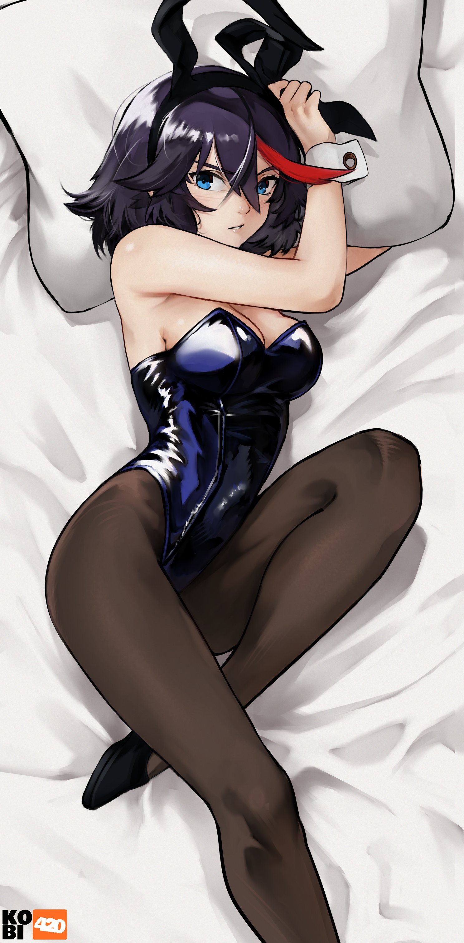 kobi420, matoi ryuuko, kill la kill, absurdres, commentary, highres, symbol-only commentary, 1girl, alternate costume, animal ears, artist logo, bed, black hair, black leotard, black pantyhose, blue eyes, breasts, fake animal ears, leotard, logo, looking at viewer, medium breasts, multicolored hair, on bed, pantyhose, pillow, pillow grab, pink hair, playboy bunny, rabbit ears, red hair, short hair, solo, two-tone hair, wrist cuffs
