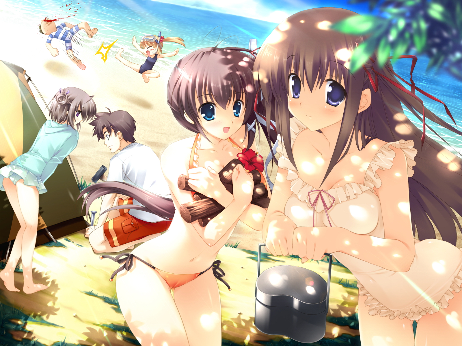 chikotam, mikeou, sasorigatame, takanae kyourin, akitsuki ryuuji, hiiragi chiyoko, nanase yuuna, sanjouji shinobu, yashiro tsubasa, kiss to lord to darjeeling, marmalade (company), game cg, highres, 3boys, 3girls, beach, bikini, crossdressing, dappled sunlight, day, multiple boys, multiple girls, outdoors, shade, sunlight, swimsuit, tent, trap