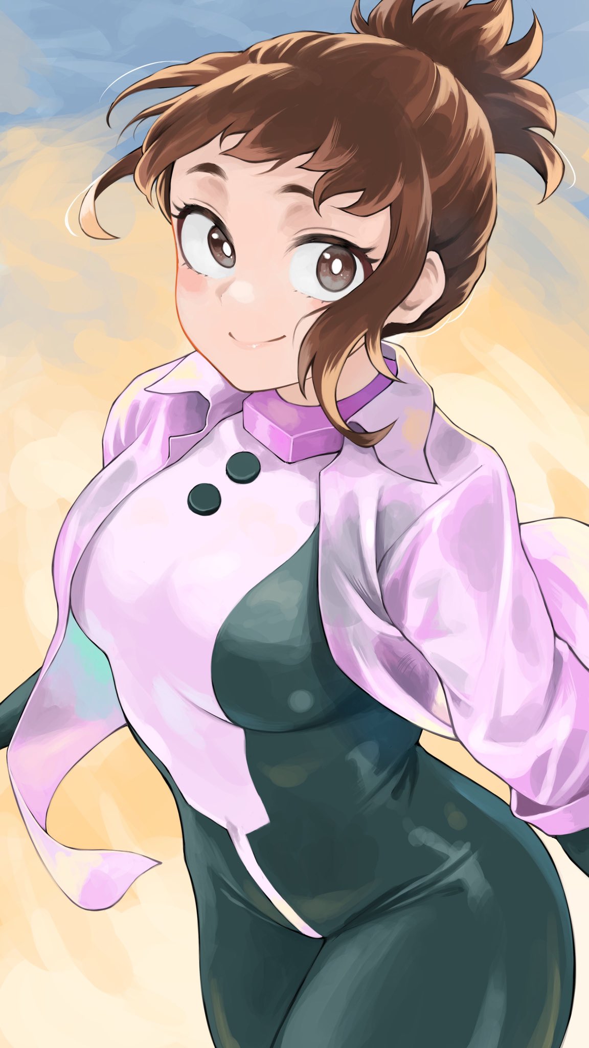fengling (furin-jp), uraraka ochako, boku no hero academia, 1girl, black bodysuit, bodysuit, brown eyes, brown hair, closed mouth, female focus, jacket, looking at viewer, matching hair/eyes, multicolored bodysuit, official alternate hairstyle, open clothes, open jacket, pink bodysuit, pink jacket, short hair, sidelocks, skin tight, smile, solo, superhero costume, uraraka ochako (hero outfit), white bodysuit