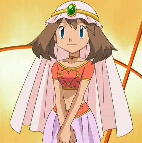 may (pokemon), nintendo, pokemon, lowres, 1girl, blue eyes, brown hair, choker, crop top, diamond (gemstone), dress, female focus, gem, hat, jewelry, midriff, pearl (gemstone), short hair, skirt, solo