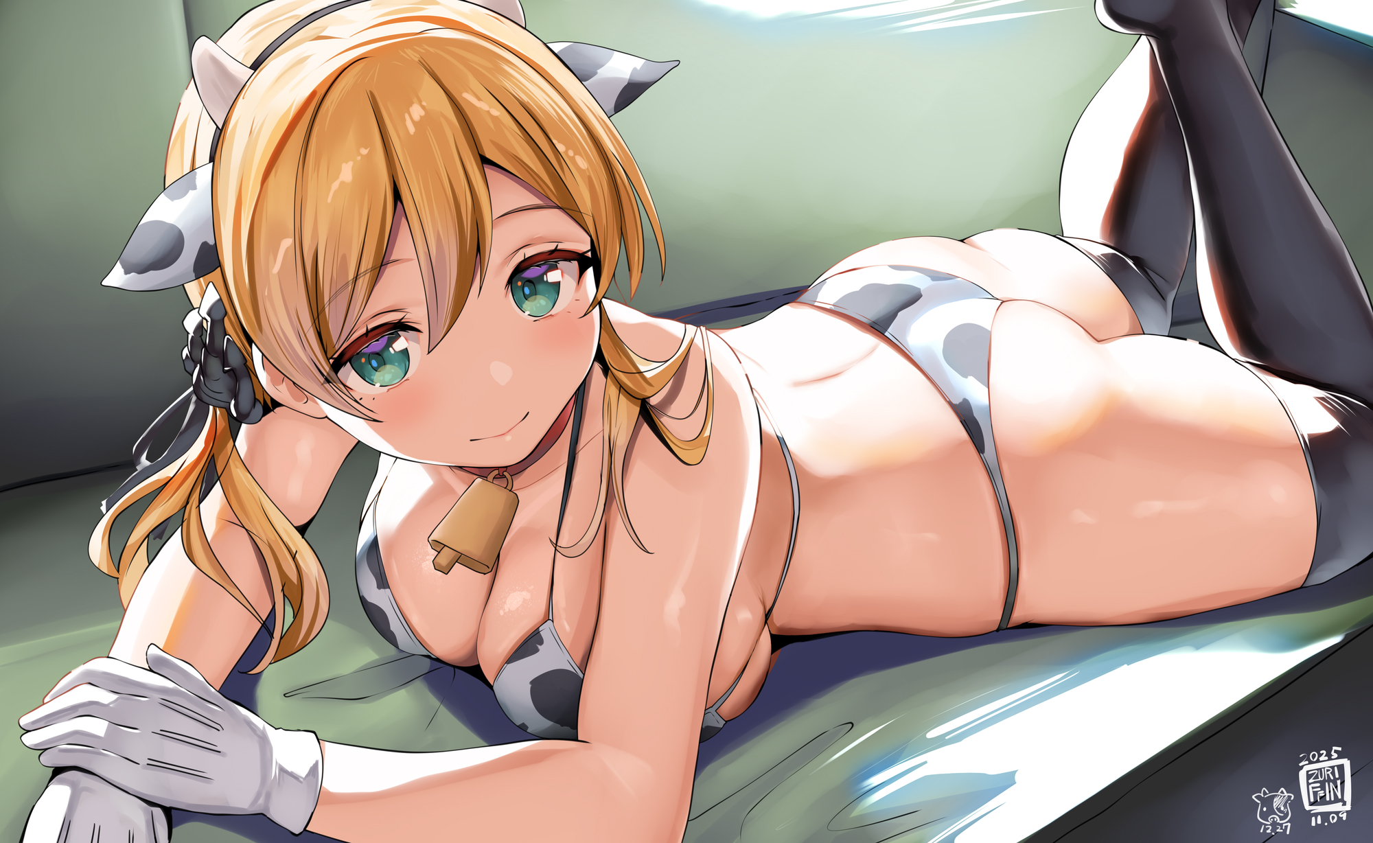 belko, prinz eugen (kancolle), kantai collection, highres, 1girl, 2025, animal ears, aqua eyes, ass, bikini, black thighhighs, blonde hair, breasts, cleavage, closed mouth, cow ears, cow print, cow print bikini, fake animal ears, female focus, gloves, hair between eyes, hair ornament, large breasts, lying, neck bell, on stomach, print bikini, smile, solo, swimsuit, thighhighs, white gloves