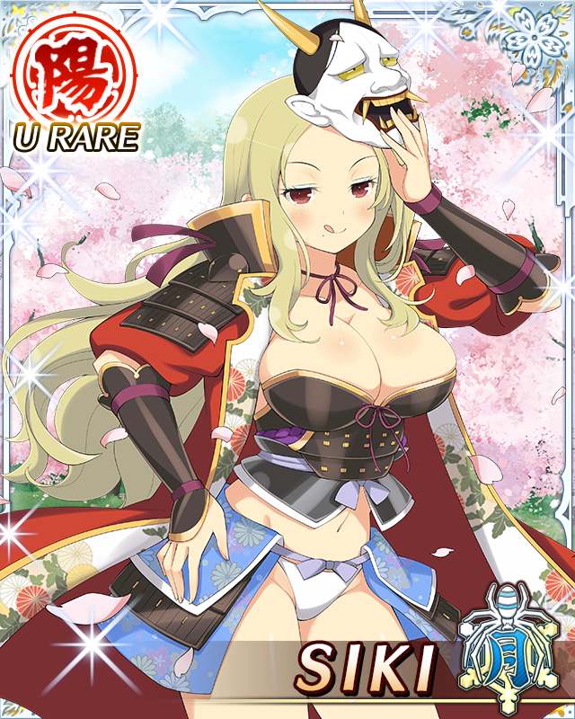 murakumo (senran kagura), shiki (senran kagura), senran kagura, senran kagura new wave, game cg, official art, third-party source, 1girl, :q, arm guards, armor, blonde hair, blue skirt, border, breastplate, breasts, cape, card (medium), character name, cherry blossoms, cosplay, falling petals, hand on own hip, hannya, large breasts, long hair, looking at viewer, mask, mask on head, middle part, midriff, mole, mole under mouth, murakumo (senran kagura) (cosplay), navel, noh mask, panties, parted bangs, petals, pink petals, red cape, red eyes, shoulder armor, showgirl skirt, skirt, solo, tongue, tongue out, underwear, white panties