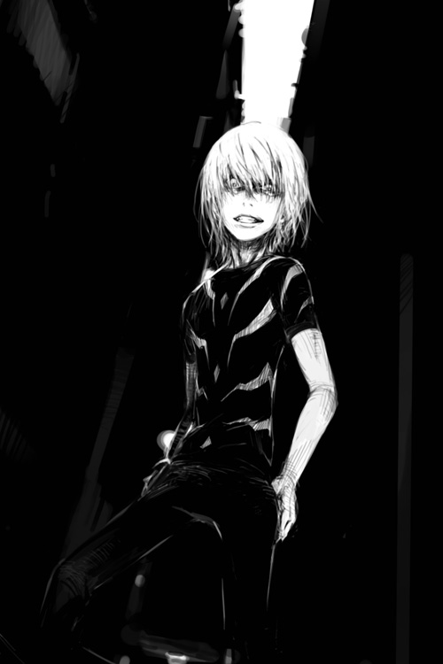 haimura kiyotaka, accelerator (toaru majutsu no index), toaru majutsu no index, toaru majutsu no index: old testament, 00s, 1boy, dark, greyscale, hair over eyes, male focus, monochrome, shirt, solo, t-shirt, white hair