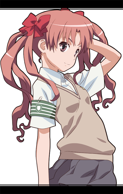 nyoro (nyoronyoro000), shirai kuroko, toaru kagaku no railgun, toaru majutsu no index, 00s, 1girl, armband, bow, brown eyes, brown hair, female focus, green armband, hair bow, safety pin, school uniform, simple background, skirt, solo, sweater vest, twintails