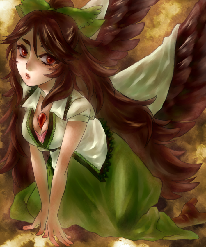 klockey, reiuji utsuho, touhou, bad id, bad pixiv id, 1girl, between breasts, black hair, bow, bra, breasts, cleavage, eyelashes, female focus, hair bow, lingerie, lips, long hair, pink bra, red eyes, solo, underwear, wings
