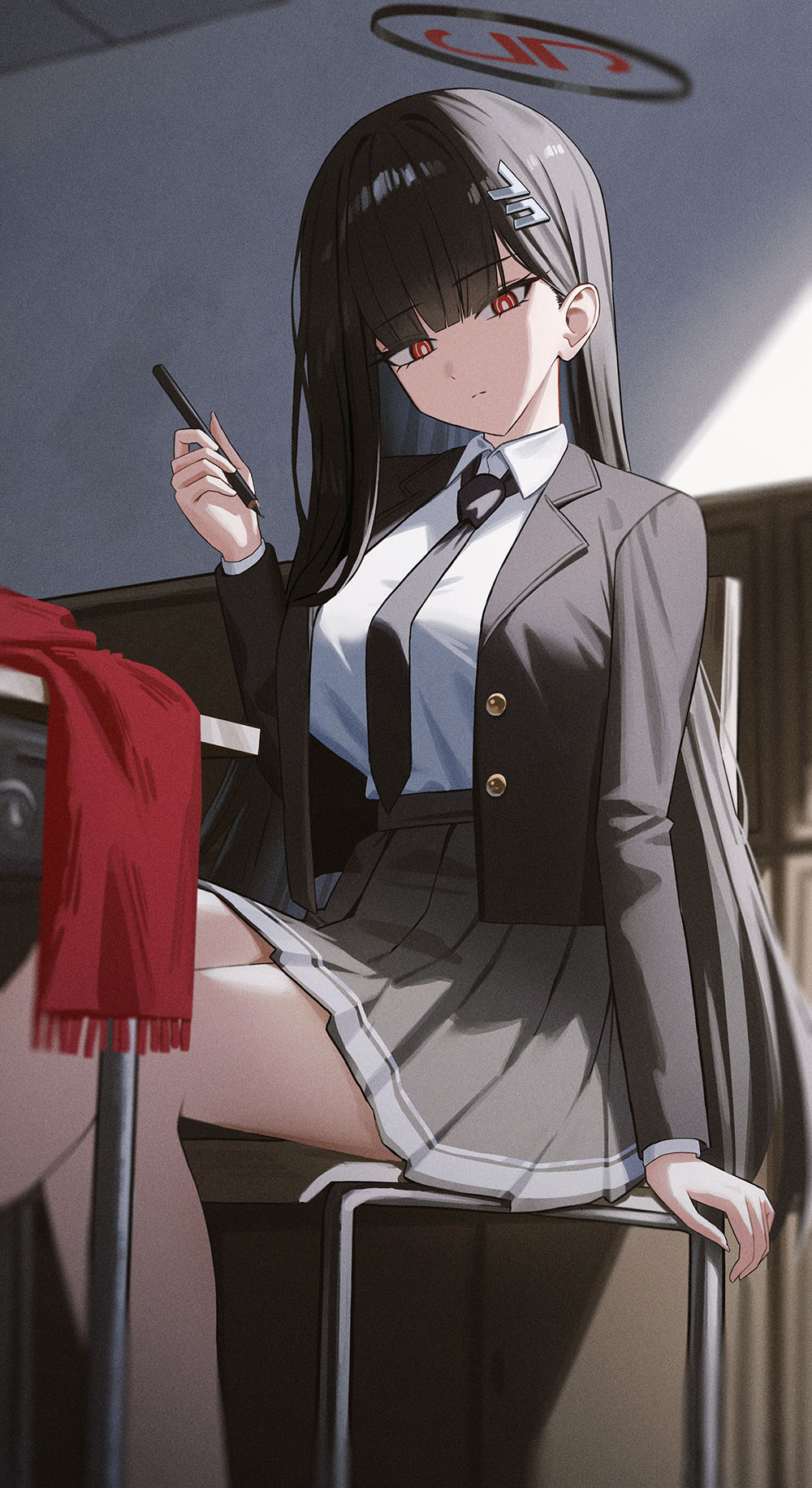 rio (blue archive), blue archive, commentary request, highres, 1girl, alternate costume, black jacket, black necktie, closed mouth, collared shirt, grey skirt, hair behind ear, halo, holding, holding pen, jacket, looking at viewer, necktie, open clothes, open jacket, pen, pleated skirt, red eyes, red halo, school uniform, shirt, sitting, skirt, solo, sweetcho, white shirt