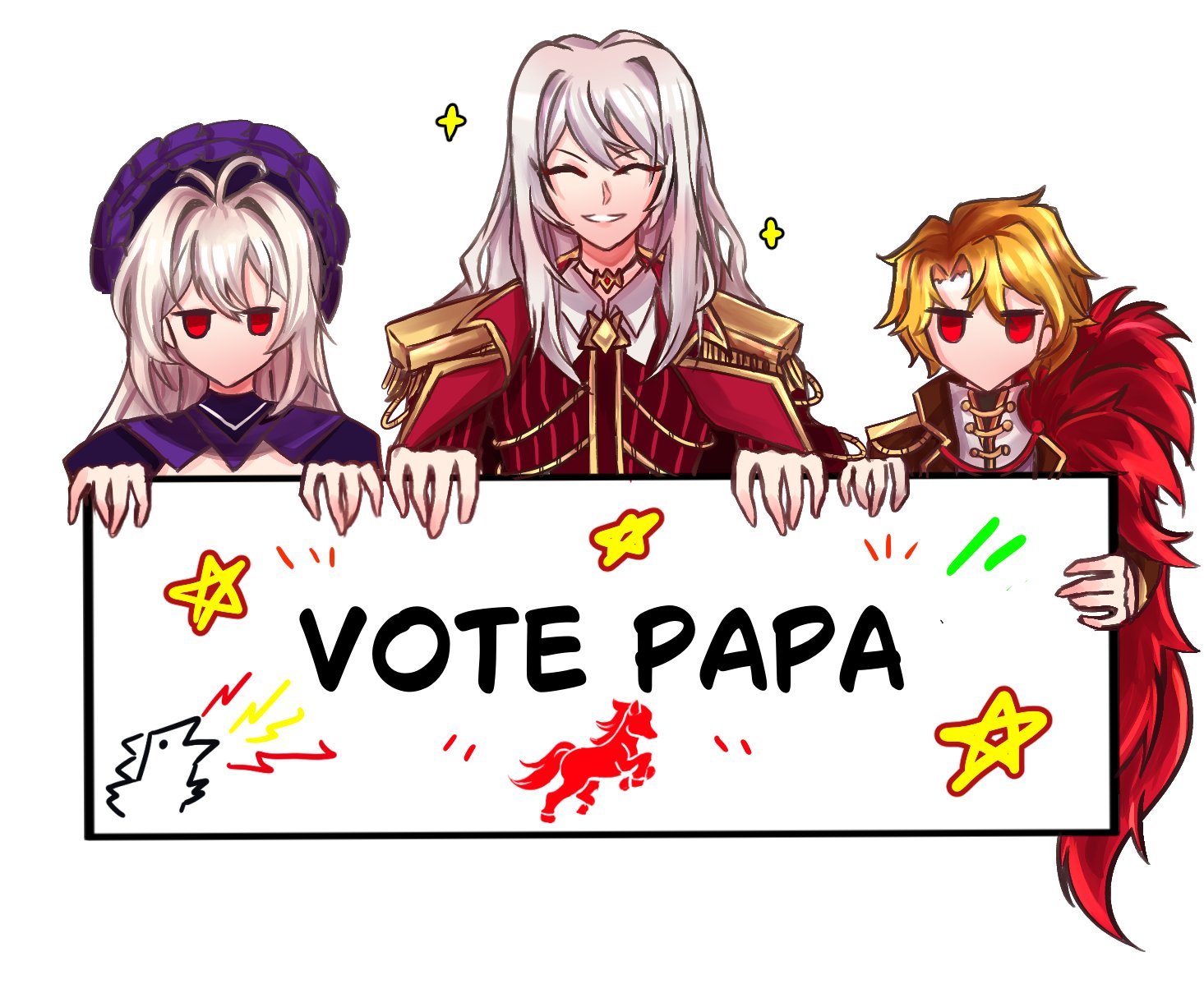 idktehnub, don quixote (project moon), dulcinea (project moon), sancho (project moon), limbus company, project moon, commentary, english commentary, 1boy, 2girls, ^ ^, androgynous, blonde hair, bonnet, closed eyes, english text, epaulettes, holding, holding sign, jitome, la manchaland's don quixote (project moon), long hair, multiple girls, purple bonnet, red eyes, short hair, sign, simple background, smile, sparkle, star (symbol), straight-on, white background, white hair