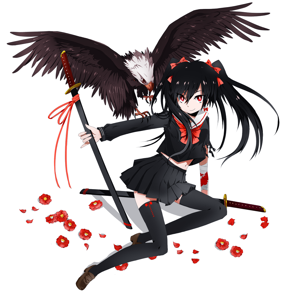 mizushirazu, original, 1girl, bandages, bird, black hair, blood, bow, eagle, earrings, female focus, flower, hair ribbon, jewelry, katana, legs, long hair, navel, petals, pinky out, red bow, red eyes, ribbon, school uniform, serafuku, skirt, solo, sword, thighhighs, torn clothes, twintails, weapon, zettai ryouiki