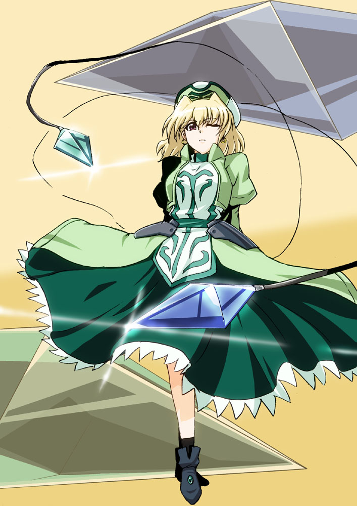 kirin the himemiya, klarwind, shamal, lyrical nanoha, mahou shoujo lyrical nanoha, mahou shoujo lyrical nanoha a's, 00s, blonde hair, crystal, dress, earrings, hat, jewelry, one eye closed, purple eyes, short hair, solo, wink